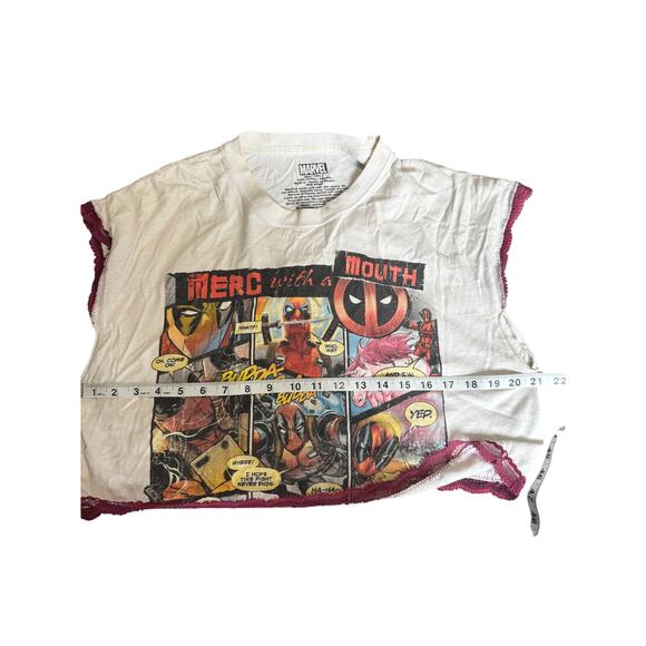 MARVEL DEADPOOL ltd edition tee upcycled to cute cut off shirt w/ red lace trim - Picture 8 of 9